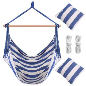 Hammock Hanging Chair Canvas Porch Patio Swing Seat Portable Camping Rope Seat Wooden Stick Hammock Chair with 2 Pillows 265LBS Load-bearing (Option: HangHammockChairBlue)