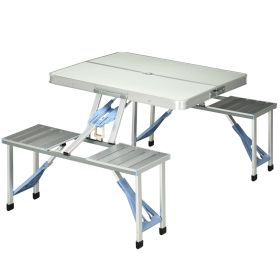 Outsunny Folding Picnic Table with Umbrella Hole, Aluminum Suitcase Portable Outdoor Table with Bench, Patio, Porch or Camping Table and Chair Set (Color: AS PIC)