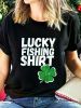 Ladies' "Lucky Fishing Shirt" Pattern T-Shirt - Black Short Sleeve, White Print, Casual Summer Top, Machine Washable