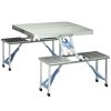 Outsunny Folding Picnic Table with Umbrella Hole, Aluminum Suitcase Portable Outdoor Table with Bench, Patio, Porch or Camping Table and Chair Set